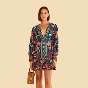 FARM Rio Floral Long Sleeve Dress - Teal and Burgundy